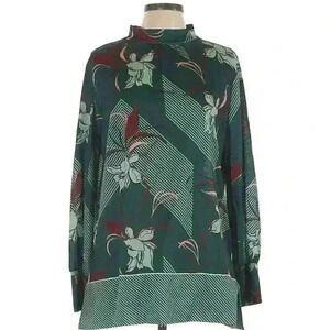 Suzanne Betro Women Green Floral High Neck Long Sleeve Back Blouse Size Large